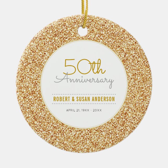 50th Anniversary Keepsake Faux Gold Glitter Ceramic Ornament (Front)