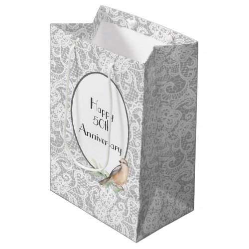 50th Anniversary Lace on Silver Medium Gift Bag