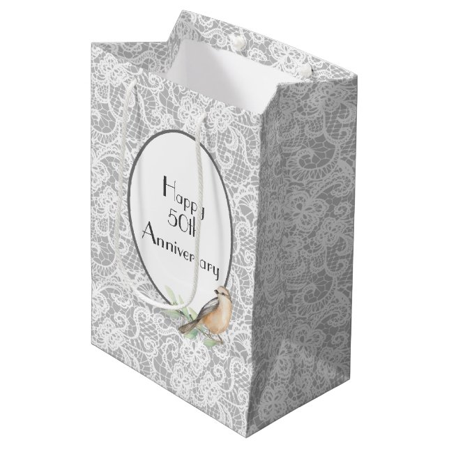 50th Anniversary Lace on Silver Medium Gift Bag (Front Angled)