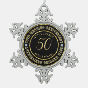 50th Anniversary Metallic Gold & Black Rings Snowflake Pewter Christmas Ornament