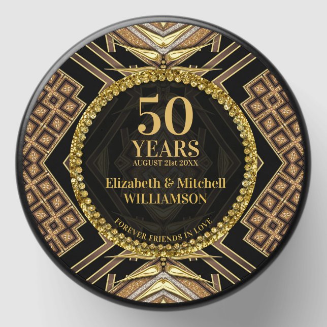 50th Anniversary Momento Black Gold Art Deco Mini Candle Favors (Front)