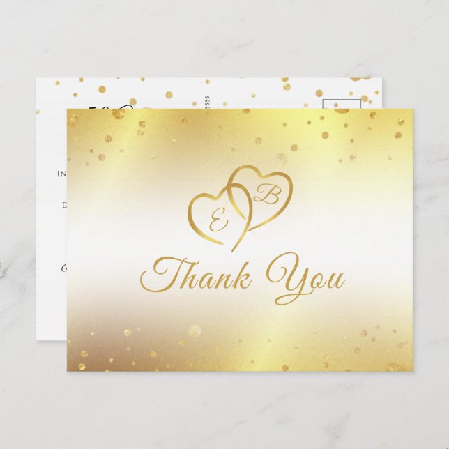 50th Anniversary Monogram Gold Hearts Thank You Postcard (Front/Back)