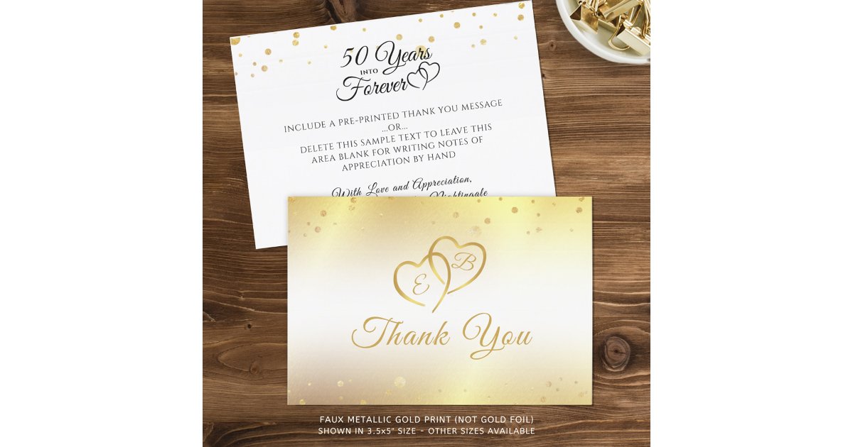 50th Anniversary Monogram Hearts Gold Thank You Card | Zazzle
