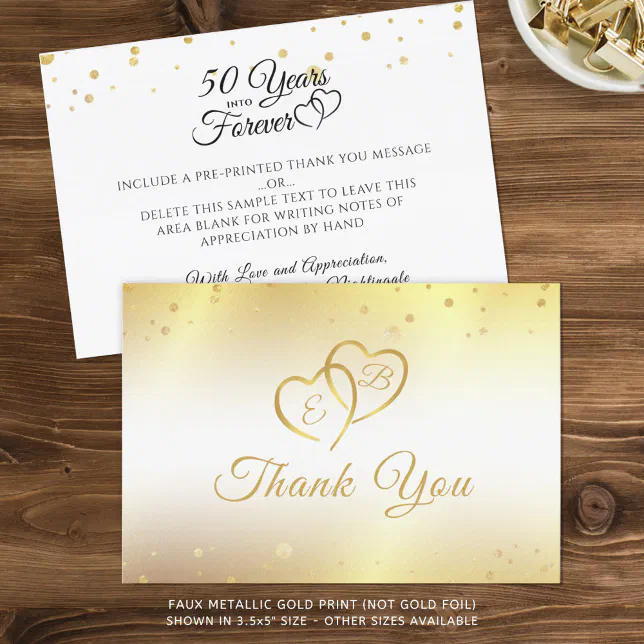 50th Anniversary Monogram Hearts Gold Thank You Card | Zazzle