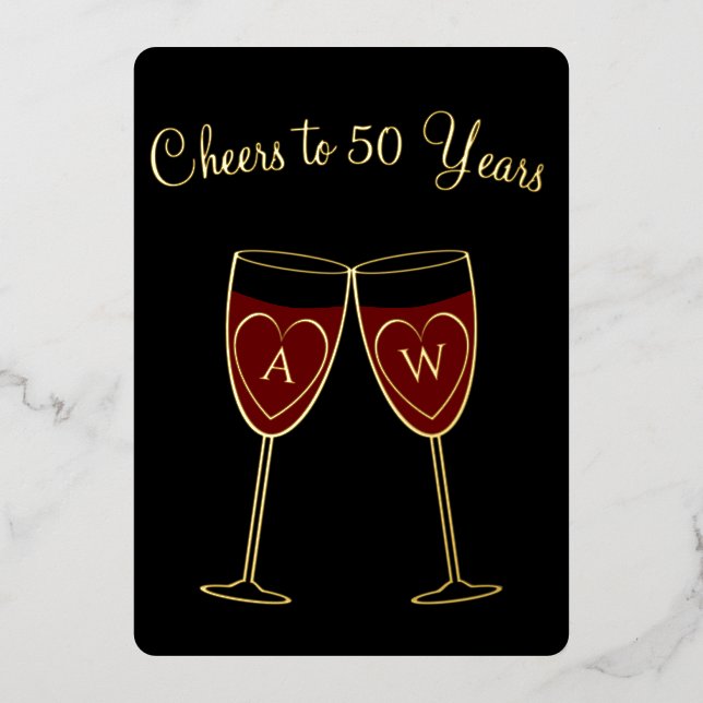 50th Anniversary Monogram Wine Glasses Cheers Gold Foil Invitation (Front)