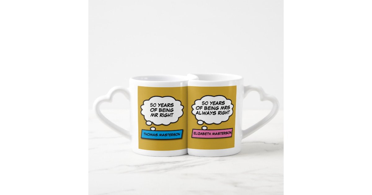 50th Anniversary Mr Right Mrs Always Right Comic Coffee Mug Set