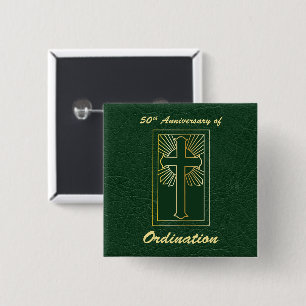 50th Anniversary of Ordination Green Leather Look Button