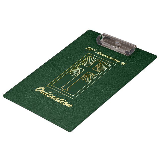 50th Anniversary of Ordination Green Leather Look Clipboard (Angled)