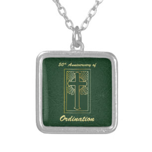 50th Anniversary of Ordination Green Leather Look Silver Plated Necklace