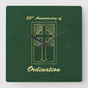 50th Anniversary of Ordination Green Leather Look Square Wall Clock