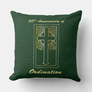 50th Anniversary of Ordination Green Leather Look Throw Pillow