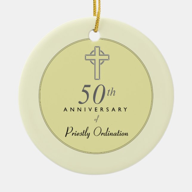 50th Anniversary of Priest with Embossed Cross Ceramic Ornament (Front)