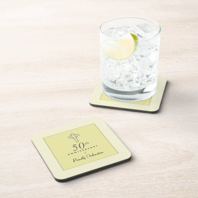 50th Anniversary of Priest with Embossed Cross Drink Coaster (Right Side)