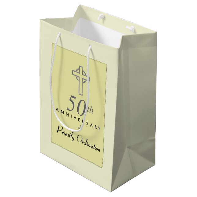 50th Anniversary of Priest with Embossed Cross Medium Gift Bag (Front Angled)