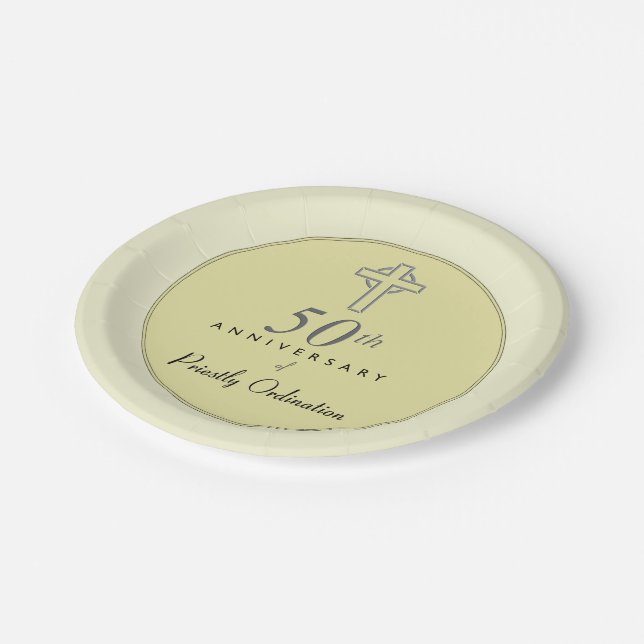 50th Anniversary of Priest with Embossed Cross Paper Plates (Angled)