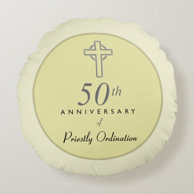 50th Anniversary of Priest with Embossed Cross Round Pillow (Front)