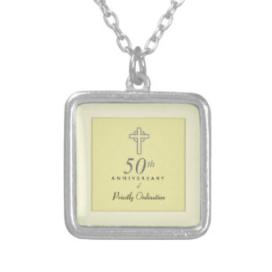 50th Anniversary of Priest with Embossed Cross Silver Plated Necklace