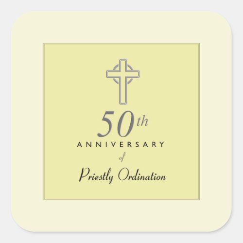 50th Anniversary of Priest with Embossed Cross Square Sticker