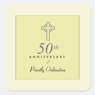 50th Anniversary of Priest with Embossed Cross Square Sticker