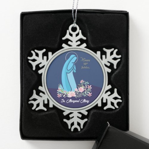 50th Anniversary of Religious Life Nun Pink Flower Snowflake Pewter Christmas Ornament