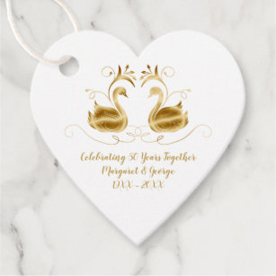 50th Anniversary Ornate Golden Swans Heart Shape Favor Tags