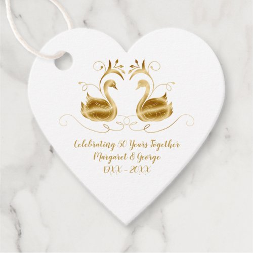 50th Anniversary Ornate Golden Swans Heart Shape Favor Tags