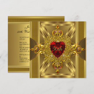 50th Anniversary Ornate Red Jewelled Heart Gold Invitation