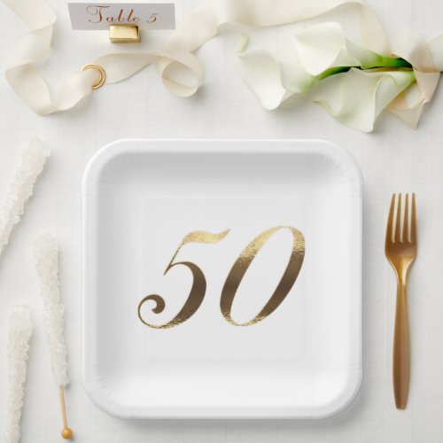 50th Anniversary Party Faux Gold Number 50 Paper Plates