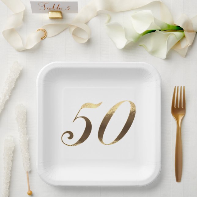 50th Anniversary Party Faux Gold Number 50 Paper Plates (Wedding)
