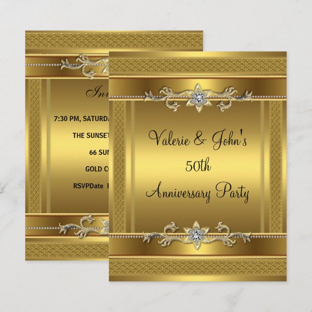 50th Anniversary Party Golden Gold Diamond Jewel Invitation (Front/Back)