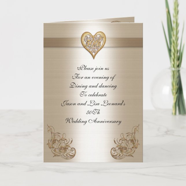 50Th anniversary party invitation gold heart (Front)