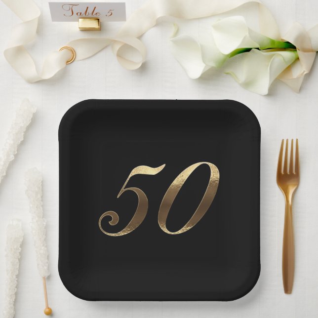 50th Anniversary Party Modern Black and Gold Paper Paper Plates (Wedding)