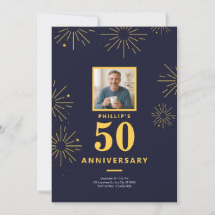50th Anniversary Party Navy Blue Gold Fireworks Invitation