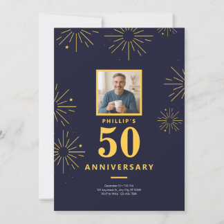 50th Anniversary Party Navy Blue Gold Fireworks Invitation