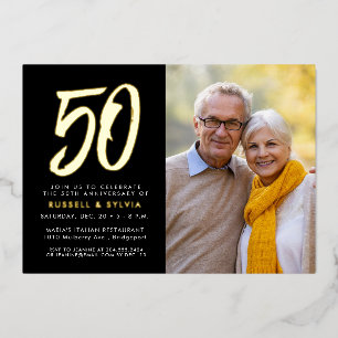 50th anniversary party one photo black gold foil invitation