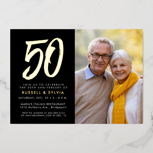 50th anniversary party one photo black gold foil invitation (Front)