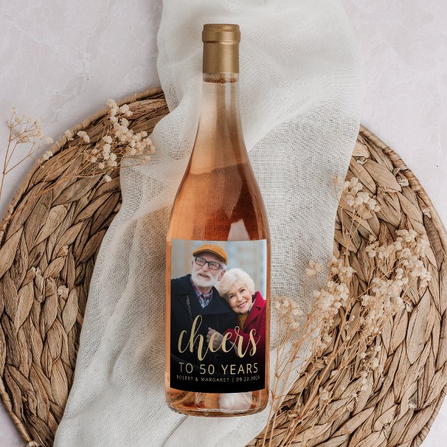 50th Anniversary Party Photo Cheers Gold Script Wine Label (Creator Uploaded)