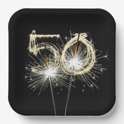 50th Anniversary Party Sparklers on Black  Paper Plates