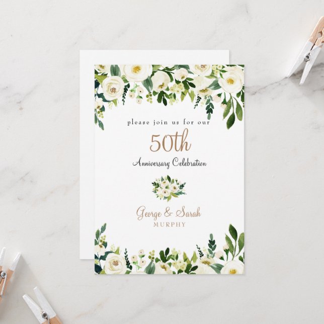 50th Anniversary Party White Floral Monogram Invitation (Front/Back In Situ)