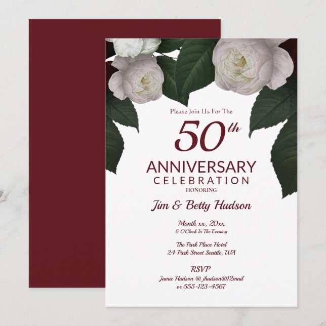 50th Anniversary Party White Roses Invitation (Front/Back)