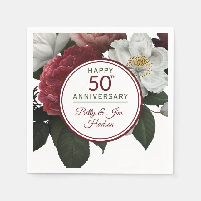 50th Anniversary Party With Names Floral Napkins (Front)
