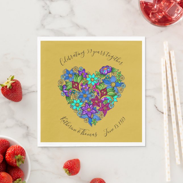 50th Anniversary Partyware, Floral Heart, Custom Napkins (Insitu)