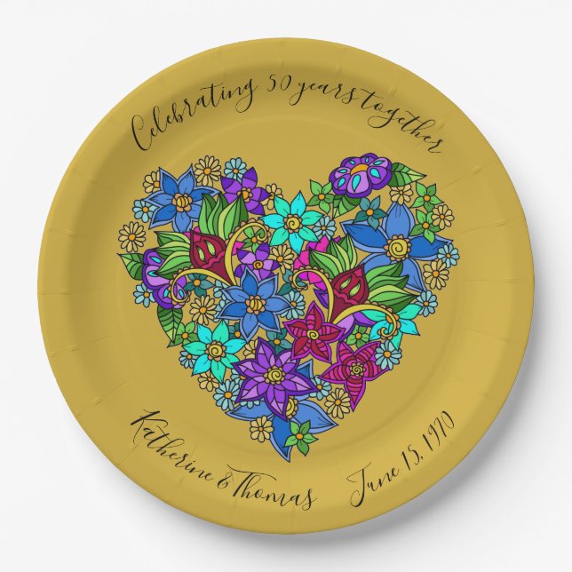 50th Anniversary Partyware, Floral Heart, Custom Paper Plates (Front)