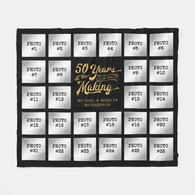 50th Anniversary Photo Collage Black Gold Name Fleece Blanket (Front (Horizontal))