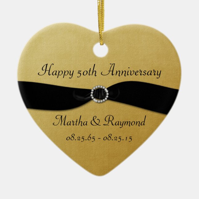 50th Anniversary Photo Gold Black Ribbon Diamonds Ceramic Ornament (Front)