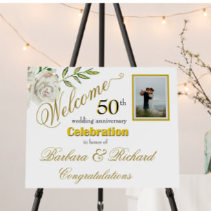 50th Anniversary Photo Golden Floral Welcome Sign
