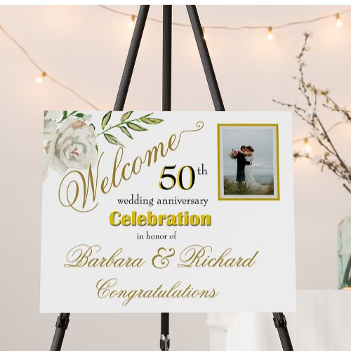 50th Anniversary Photo Golden Floral Welcome Sign