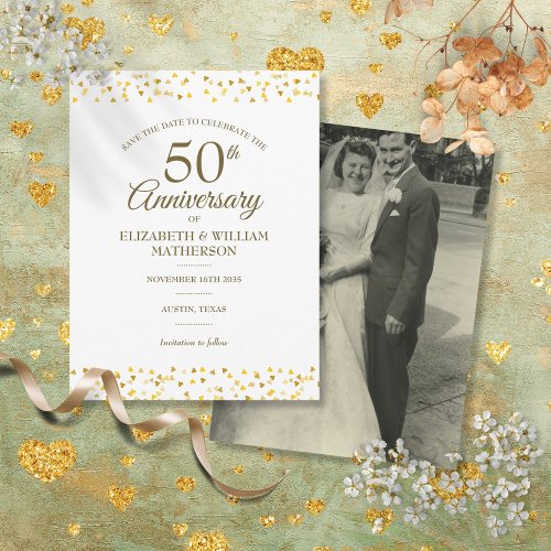 50th Anniversary Photo Golden Hearts Save the Date Announcement Postcard