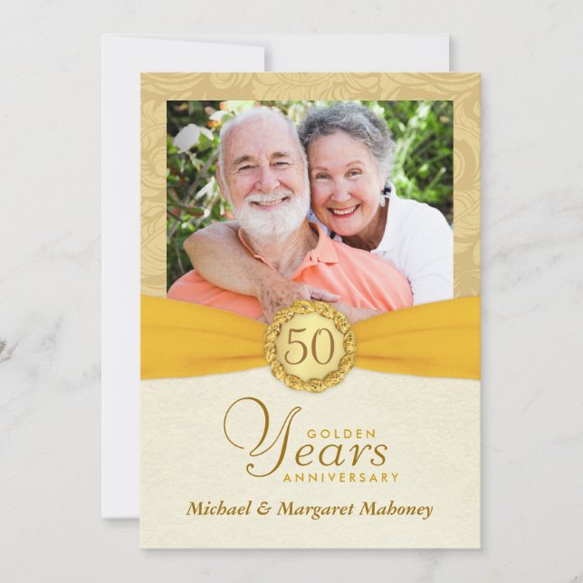 50th Anniversary Photo Invitations Vintage Damask (Front)