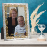 50th Anniversary photo plaque<br><div class="desc">50th Anniversary photo plaque. Silvery satin look with silver filigree design and text,  "50th Anniversary. This is a printed plaque with no separate embellishments. Perfect for an anniversary party photo gift.</div>